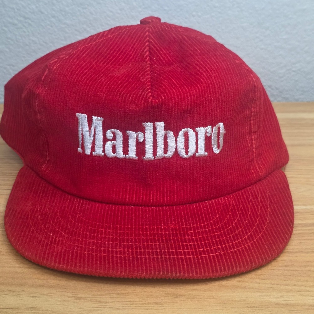 VTG 90s Marlboro Red Corduroy Snapback Hat Cap Cigarette Brand Memorabilia Promo